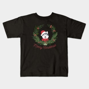 Siberian Husky with Red Santa Hat and Scarf with Green Mistletoe and Merry Christmas Sign Kids T-Shirt